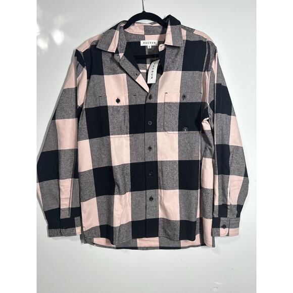 NWT Pacsun Mens Classic Plaid Flannel Button Down Long Sleeve Pink/Black Small - Picture 2 of 12
